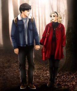Fan art by Joannet depicting Sabrina and Harvey holding hands and walking in the woods.