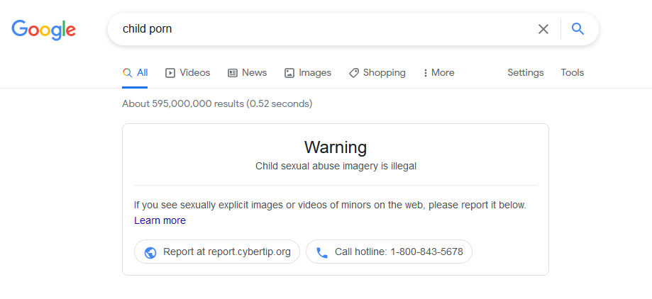 A screenshot of the warning that displays in Google's search results for "child porn"