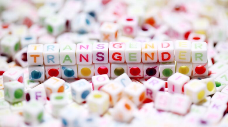 A line of beads with colored letters on them spell out the word transgender