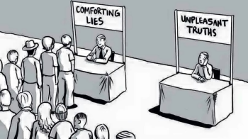 An illustration of two desks, with a long line in front of the one titled comforting lies and nobody at the one titled unpleasant truths