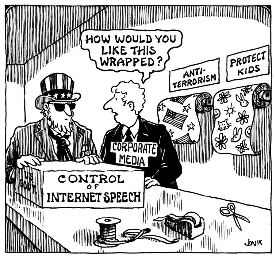 Uncle Sam holds a box labeled control of internet speech while a store clerk asks how he would like it wrapped. The two wrapping options are anti-terrorism and protect kids