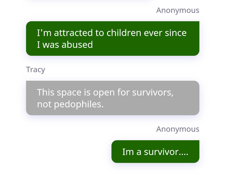 A screenshot of a CSA survivor being turned away from a support hotline because of their attractions.